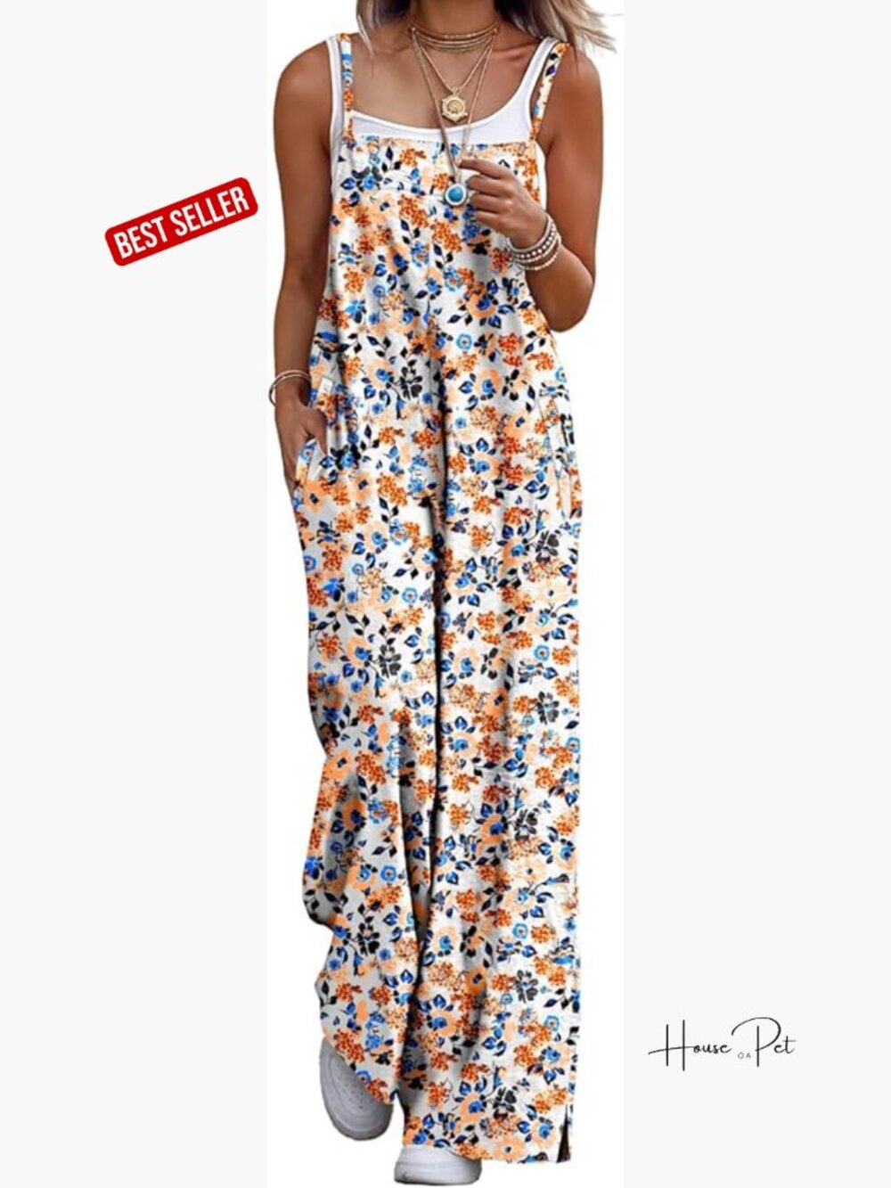 Women's Boho Cotton Jumpsuit Wide Leg Overalls Floral Print Romper with Pockets